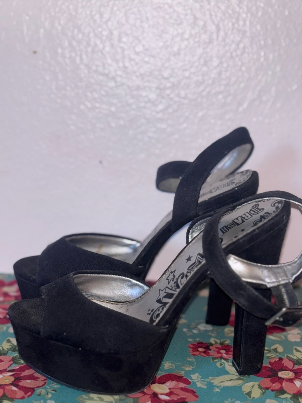Brash Black Suede Platform Heels with Ankle Strap Size 6.5